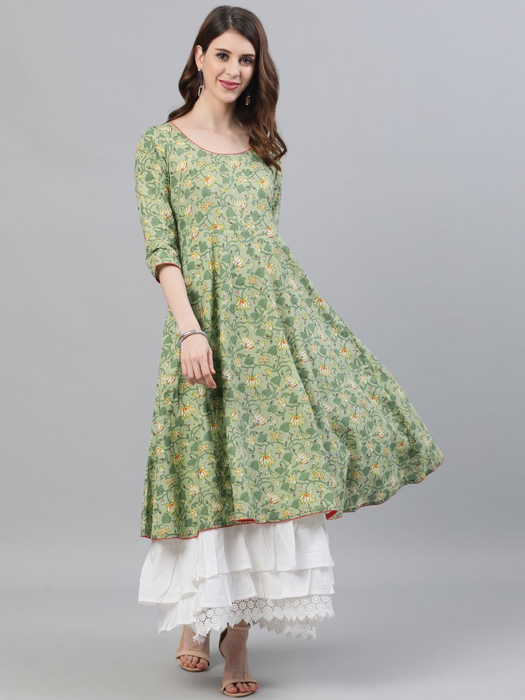 Women's Green Floral Printed Layered Maxi With Lace details - AKS