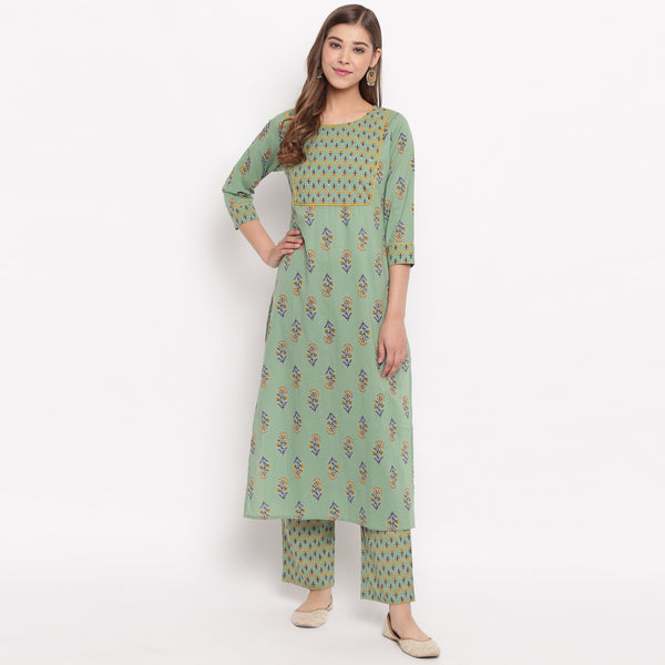 Women's Floral Print Straight Cotton Pista Kurta With Palazzo  - Vbuyz