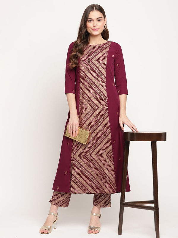 Wine Crepe Gold Glitter Print Kurta Trouser Set