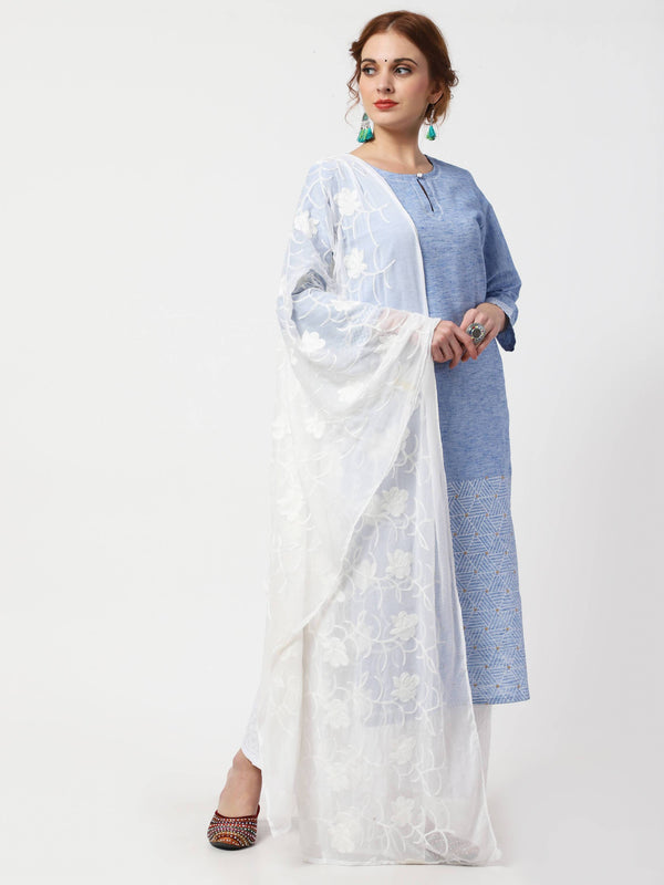 Women's Sky Blue & White Khadi Cotton Kurta With Chikankari Palazzo & Embroidered Dupatta Set - Cheera