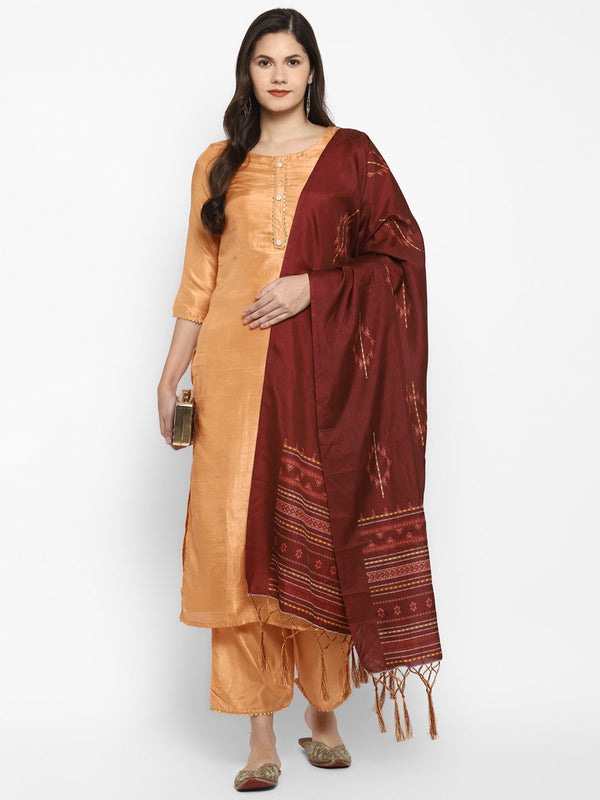 Women's Orange Color Silk Blend Straight Kurta Palazzo With Dupatta - VAABA