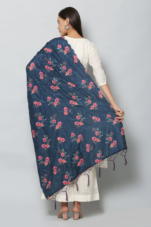 Women's Navy Blue Color Art Muslin Embroidery and Digital Printed Dupatta - VAABA