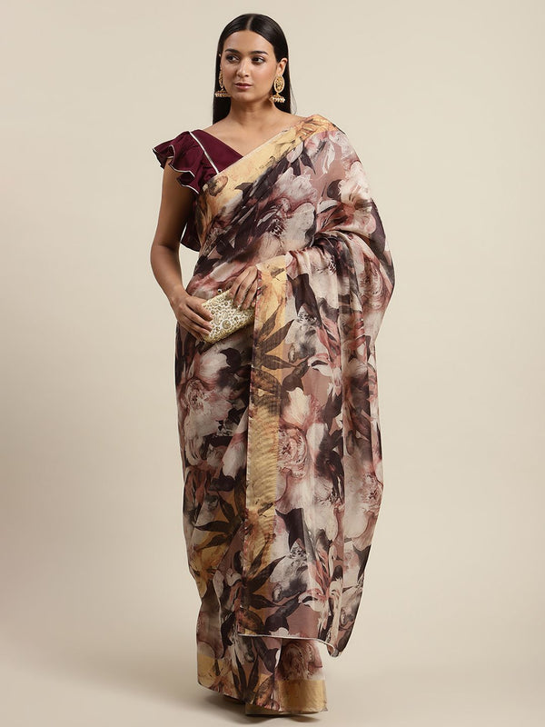 Women's Multi Color Chanderi Digital Print Floral Saree - Ahalyaa