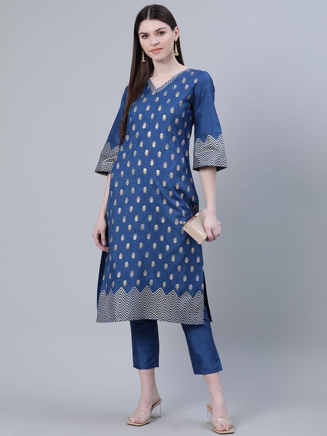 Women Blue Printed Kurta And Pant Set by Ziyaa (2 Pc Set)