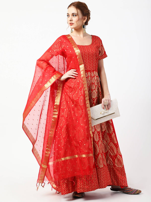 Women's Red Chanderi Silk & Rayon Hand Block Print Long Dress With Silk Dupatta Set - Cheera