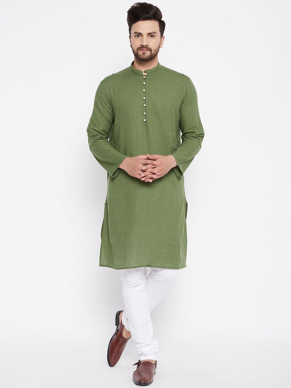 Men's Solid Green Linen Kurta - Even Apparels