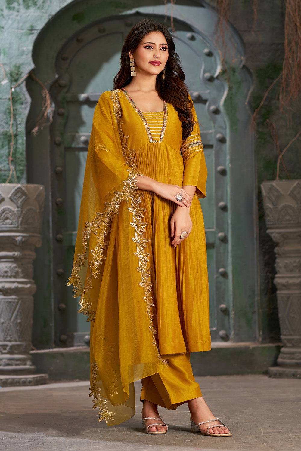 Women's Mustard Art Silk Alia Cut Anarkali Kurta Set With Trouser And Dupatta - Curvy Lane