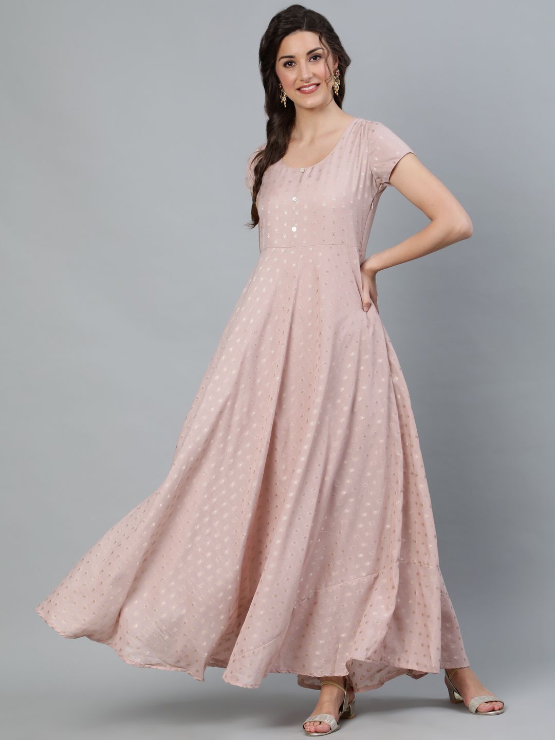 Women's Peach dobby Golden Zari Work Flared Maxi - Aks