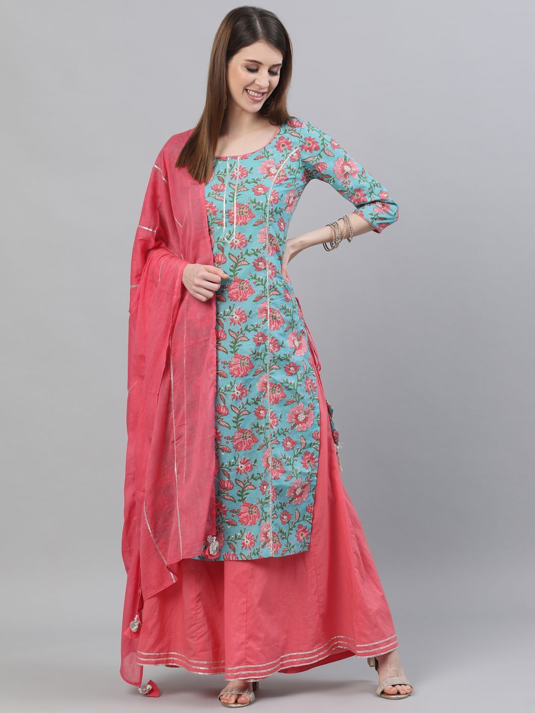 Women's Blue & Pink Floral Printed with Gotta Patti Kurta Set - AKS