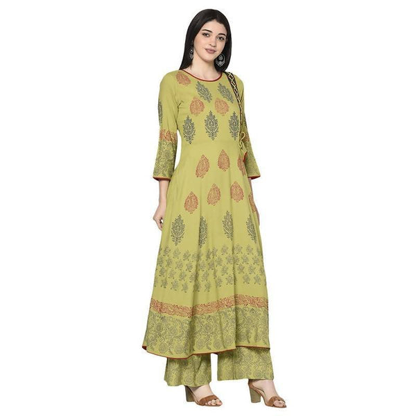 Women's Parrot Green Rayon Block print Anarkali Kurta - Aniyah