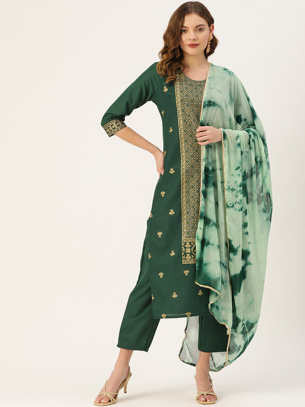 Women's Green Cotton Blend Panelled Printed Straight Kurta Trouser Set With Dupatta - Vaaba