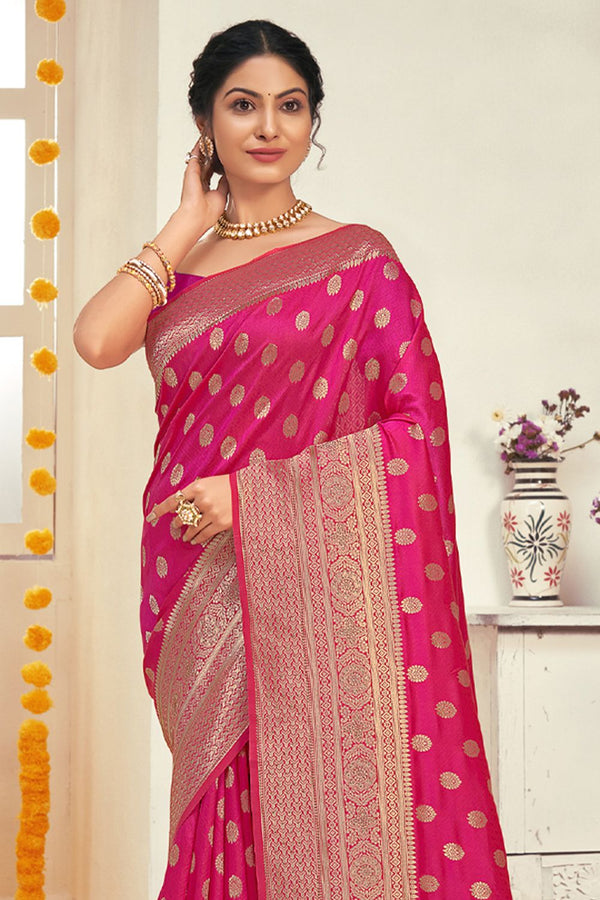 Women's Pink Silk Woven Zari Work Traditional Tassle Saree - Sangam Prints