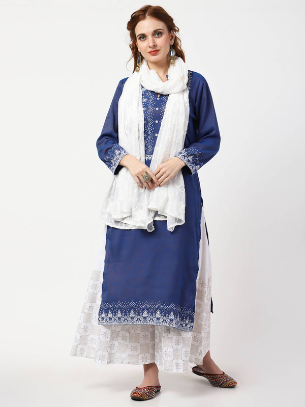 Women's Blue & White Rayon Cotton Kurta With Palazzo & Embroidered Dupatta Set - Cheera