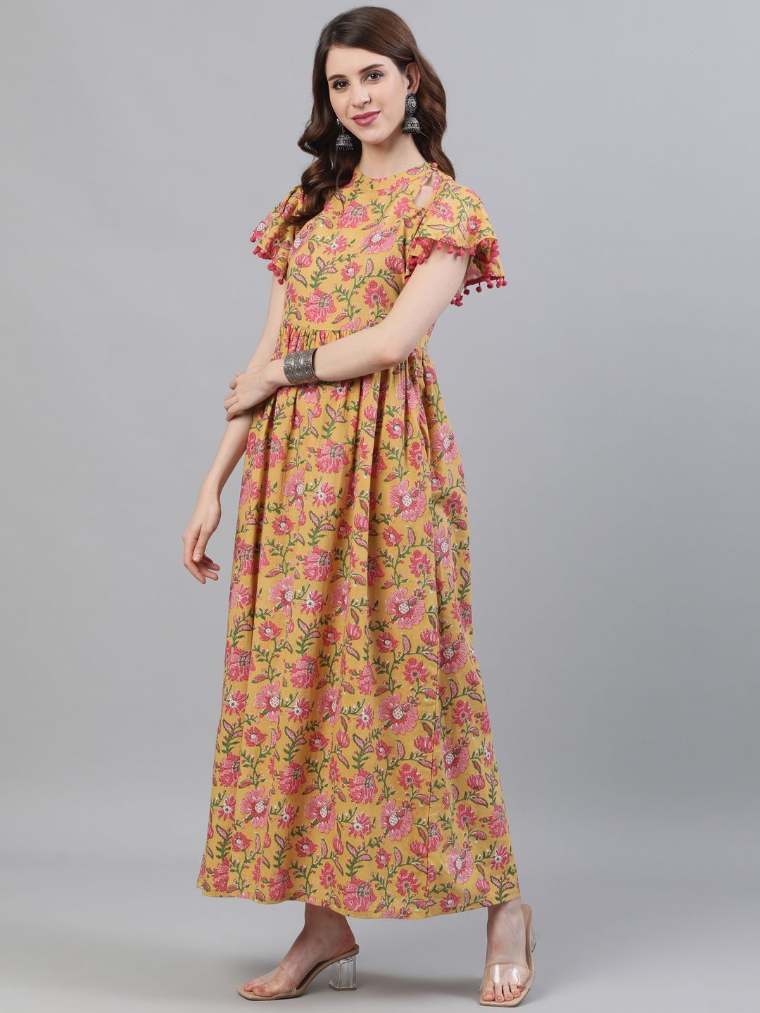 Women's Yellow & Pink Floral Printed Maxi With Pom-Pom Details - AKS