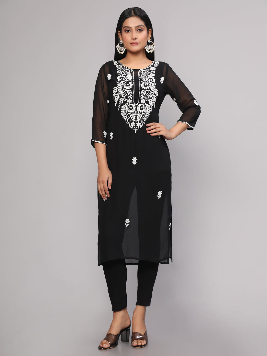 Women's Black Floral Chikankari Embroidery Georgette Kurta - Malishka Export