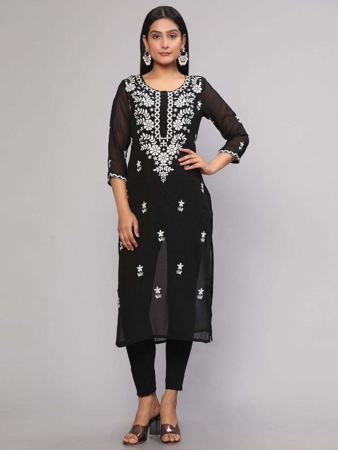 Women's Black Floral Chikankari Embroidery Georgette Casual Kurta - Malishka Export