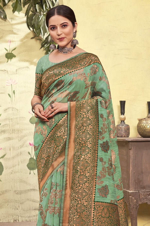 Women's Light Green Cotton Woven Zari Work Traditional Tassle Saree - Sangam Prints