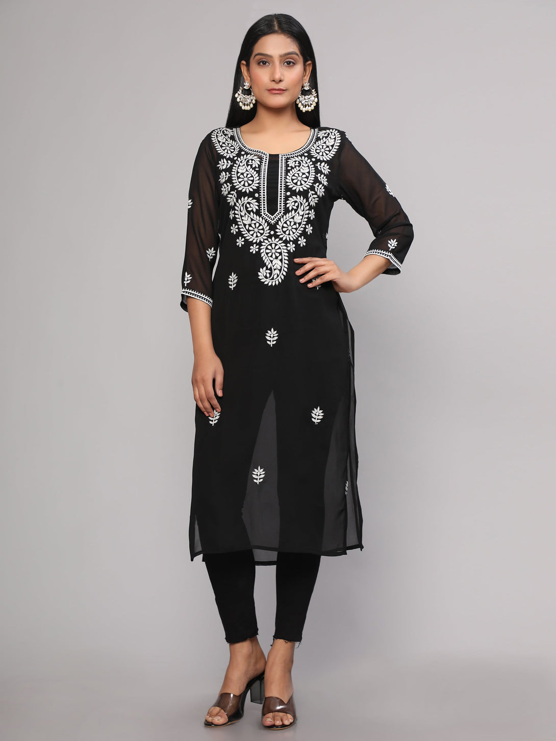 Women's Black Embroidered Georgette Straight Chikankari Kurta - Malishka Export