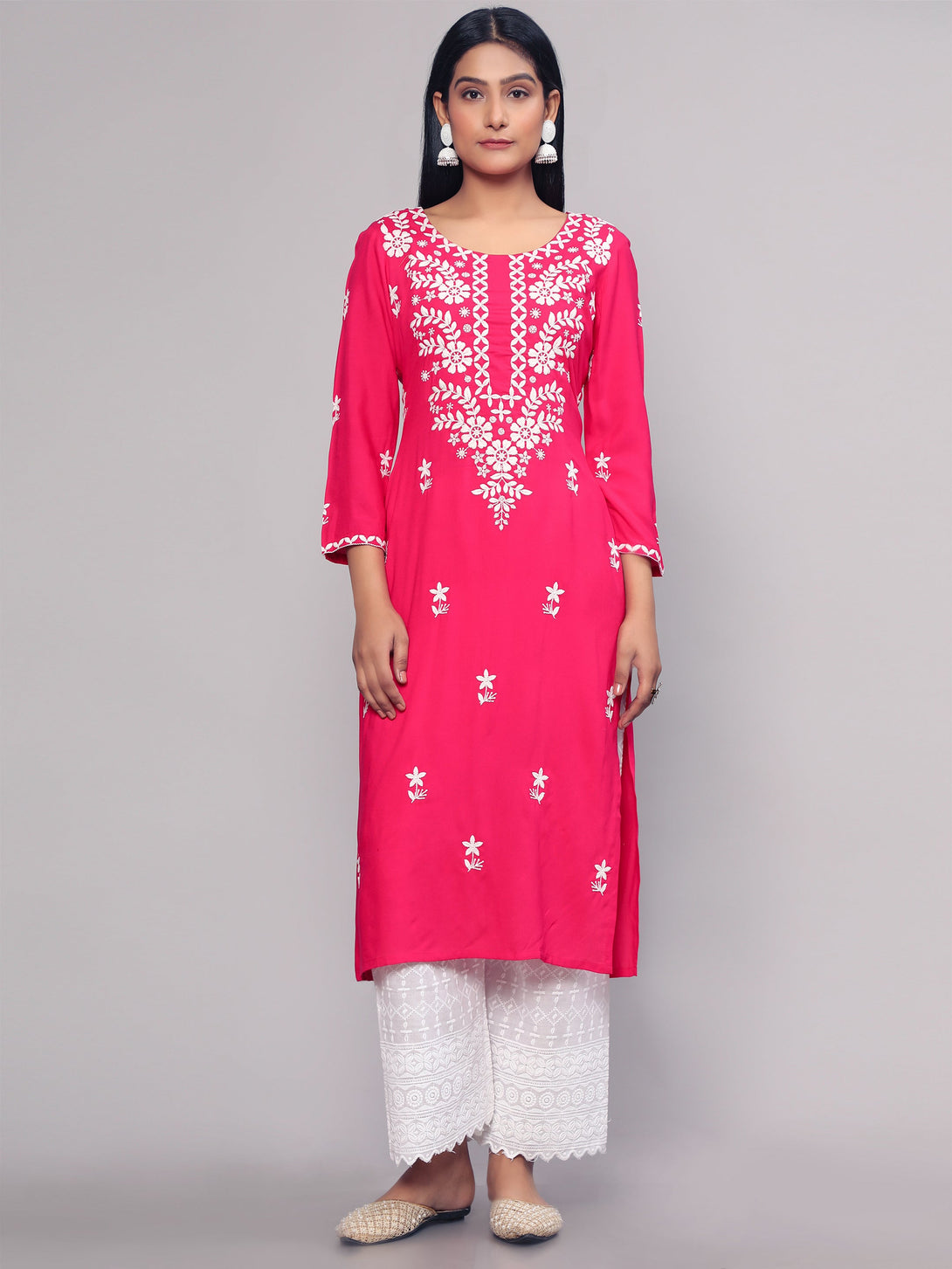 Women's Pink Embroidered Georgette Straight Chikankari Kurta - Malishka Export