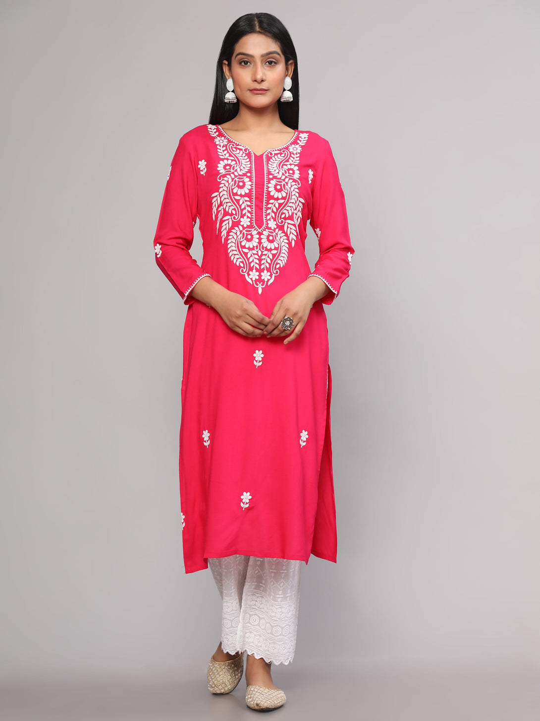 Women's Pink Embroidered Georgette Straight Chikankari Kurta - Malishka Export