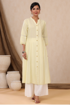 Women's Yellow Cotton Dobby Printed A-Line Kurta with Mask - Juniper