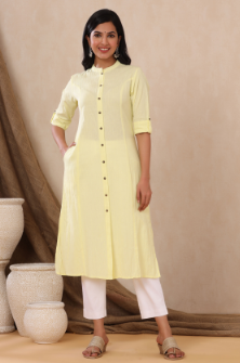 Women's Yellow Cotton Flex Solid A-Line Kurta - Juniper