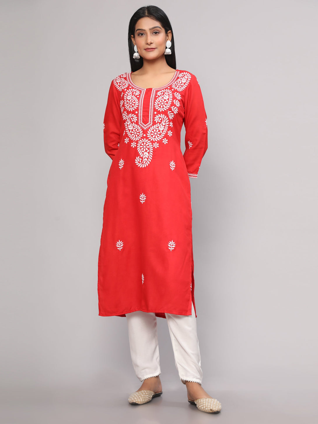 Women's Red Embroidered Georgette Straight Chikankari Kurta - Malishka Export