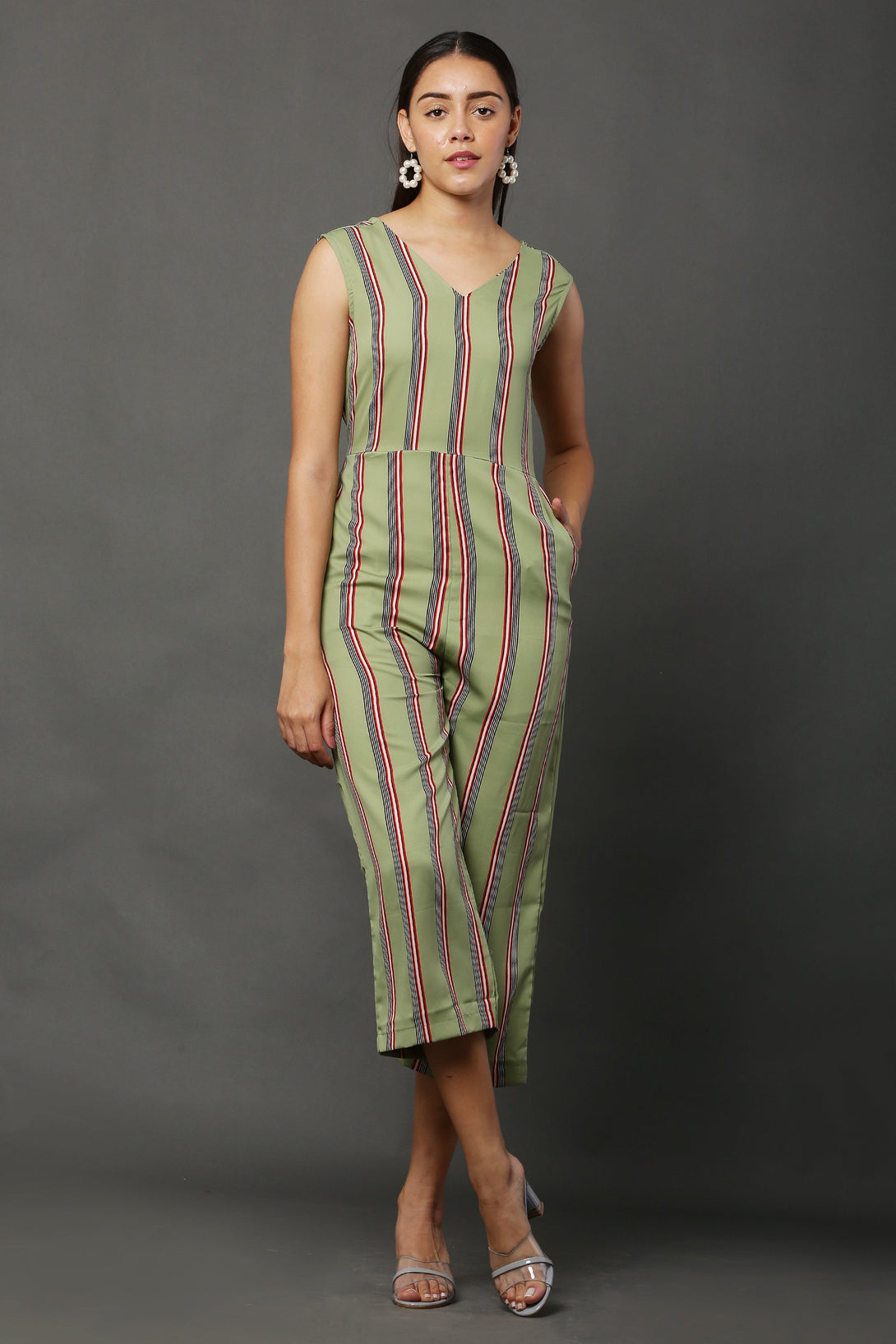 Women's Olive Palazzo Striped Culotte Jumpsuit - Vaaba