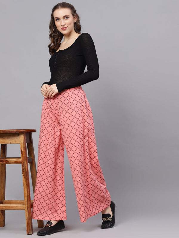 Women's Pink Geometric Print Relaxed Fit Palazzo - Aks