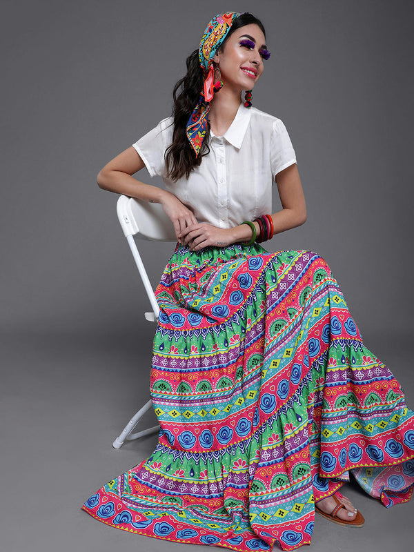 Women's Multi Printed Flared Skirt - Aks