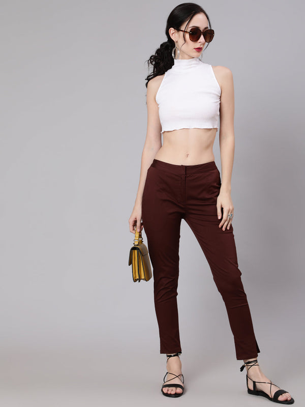 Women's Brown Slim Fit Pant - Aks