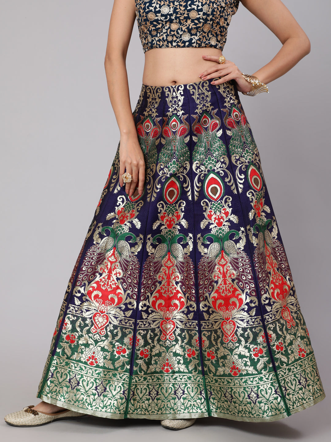 Women's Blue & Gold Jacquard Design Flared Skirt - Aks