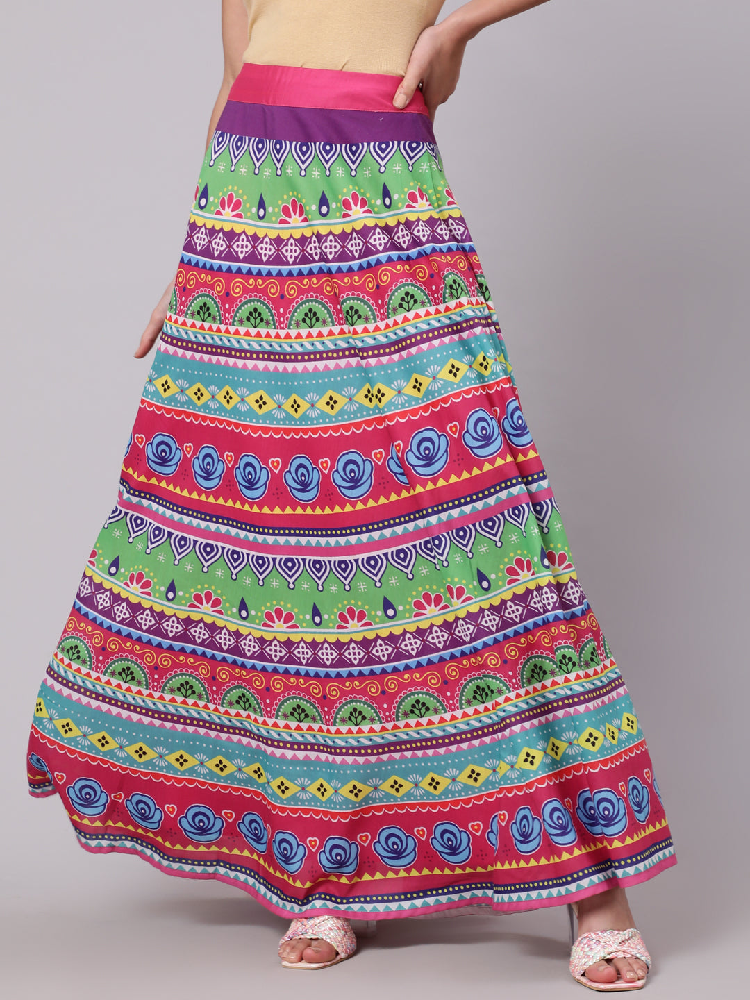 Women's Multicolor Floral Printed Flared Skirt - Aks