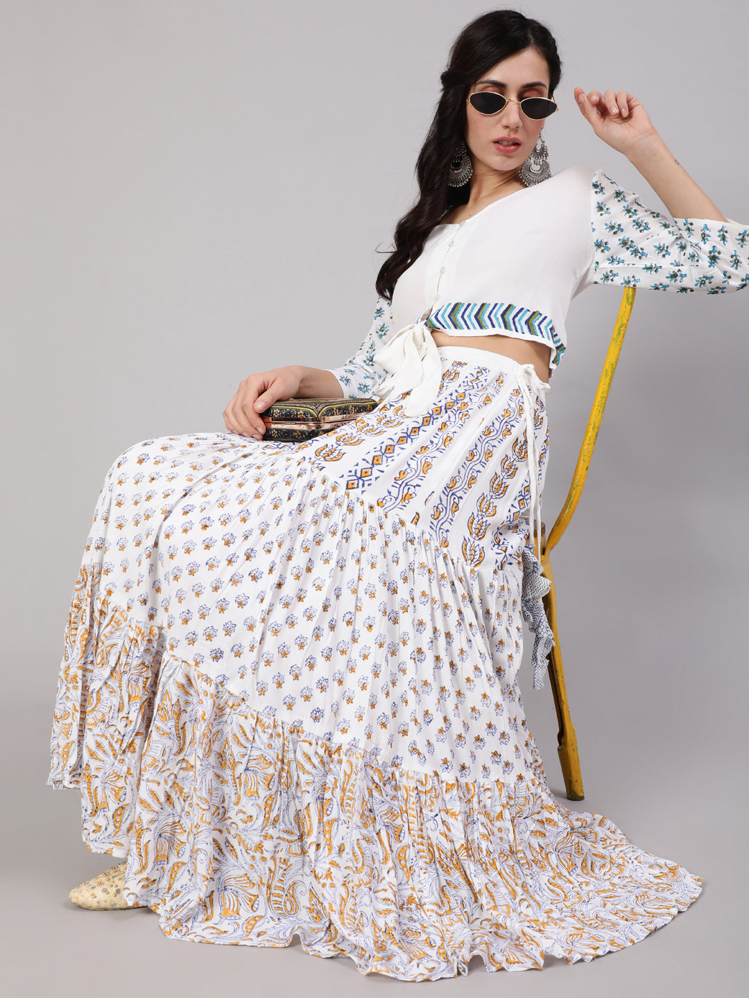 Women's White & Blue Hand Block Printed Tiered Skirt - Aks