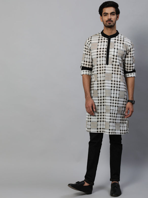 Men's White Checked Long Kurta - Aks Men