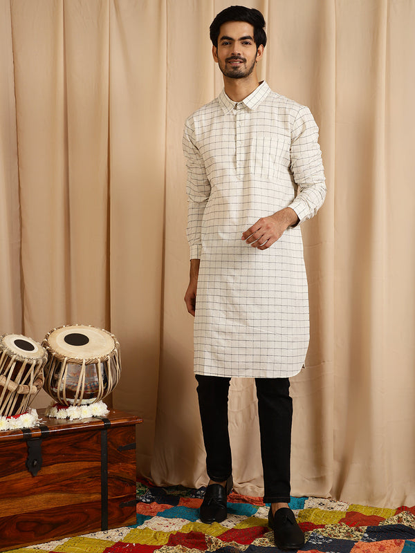 Men's White Diamond Checked Pathani Kurta - Aks Men