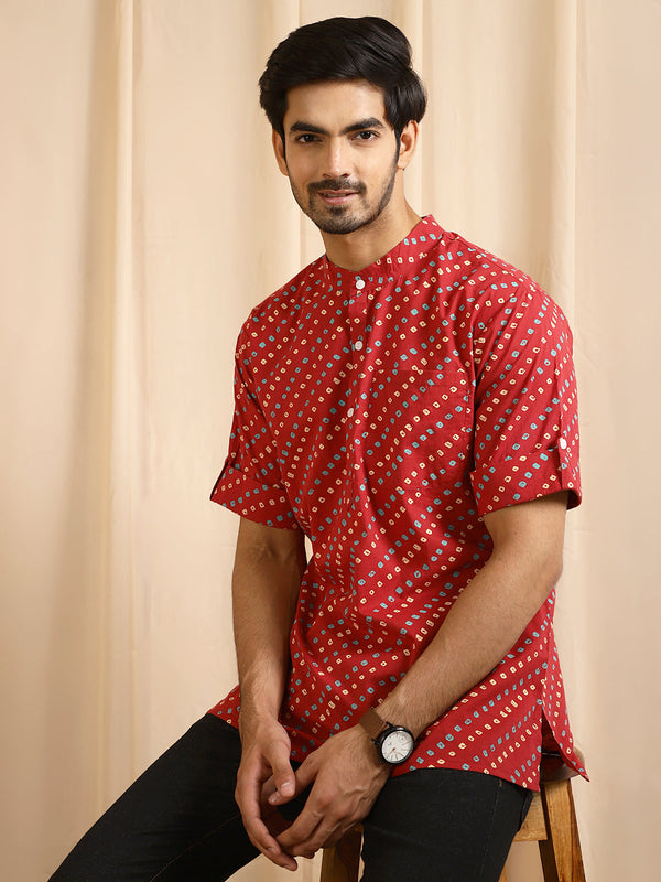 Men's Red Printed Kurta - Aks Men