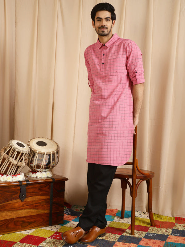 Men's Pink Diamond Checked Pathani Kurta - Aks Men