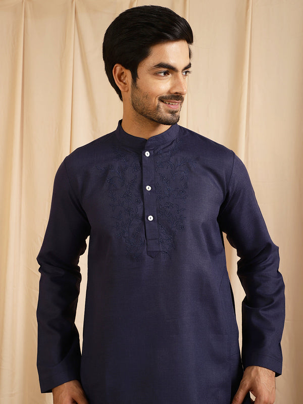 Men's Navy Blue Indian Long Kurta - Aks Men