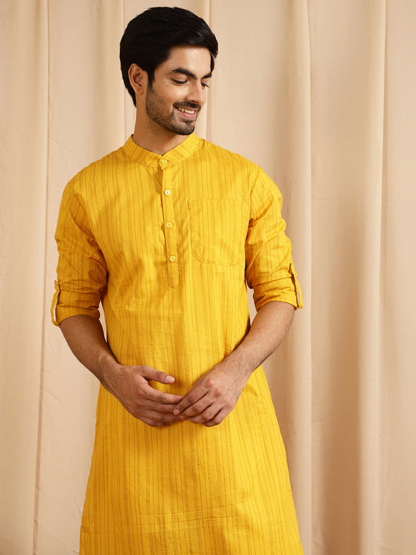 Men's Yellow Striped Long Kurta - Aks Men