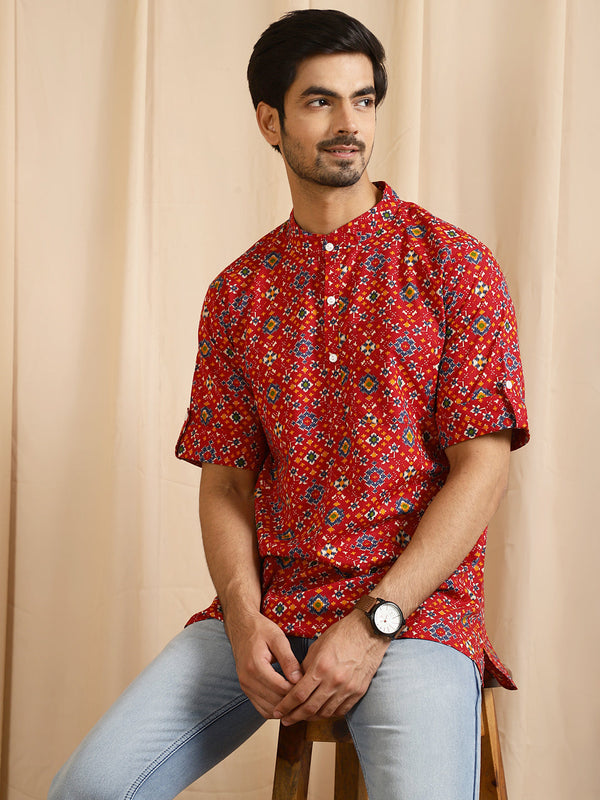 Men's Red Patola Print Kurta - Aks Men