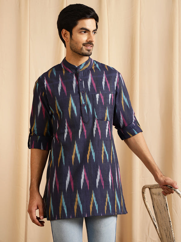 Men's Navy Blue Ikat Short Kurta - Aks Men