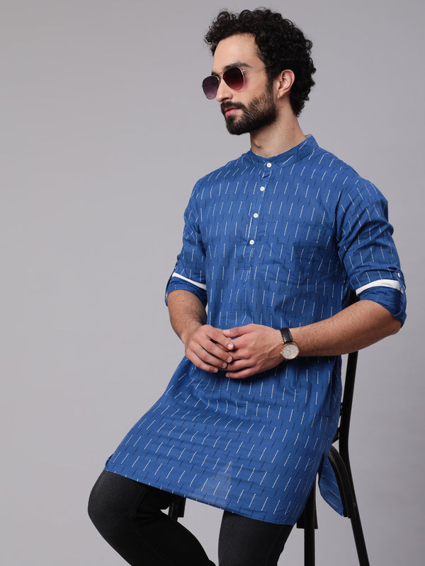 Men's Blue Printed Straight Kurta With Roll-Up Sleeve - Aks Men