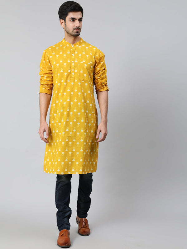 Men's Yellow Floral Print Kurta - Aks Men