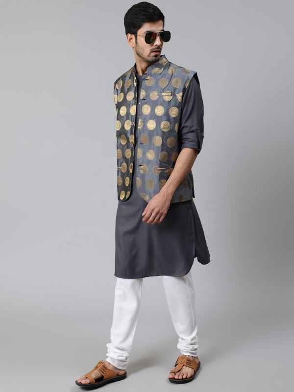 Men's Grey Brocade Nehru Jacket - Aks Men