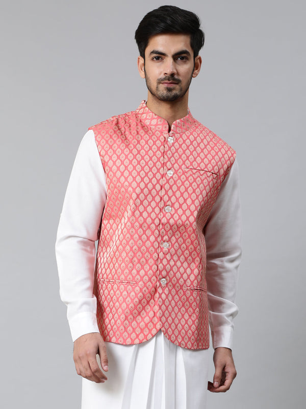 Men's Peach Brocade Nehru Jacket - Aks Men