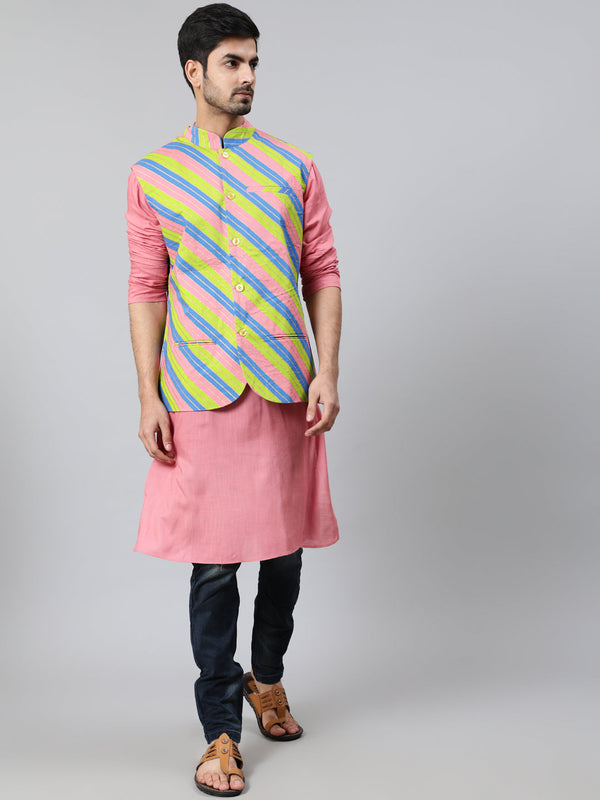 Men's Pink Long Kurta with Striped Jacket - Aks Men