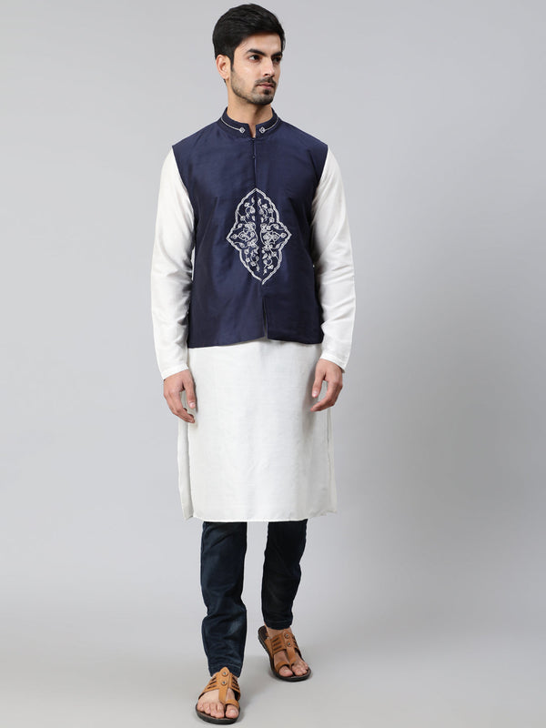 Men's White Kurta With Embroidered Nehru Jacket - Aks Men