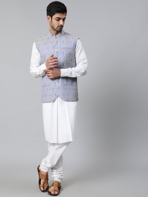 Men's White Kurta Churidar With Nehru Jacket - Aks Men