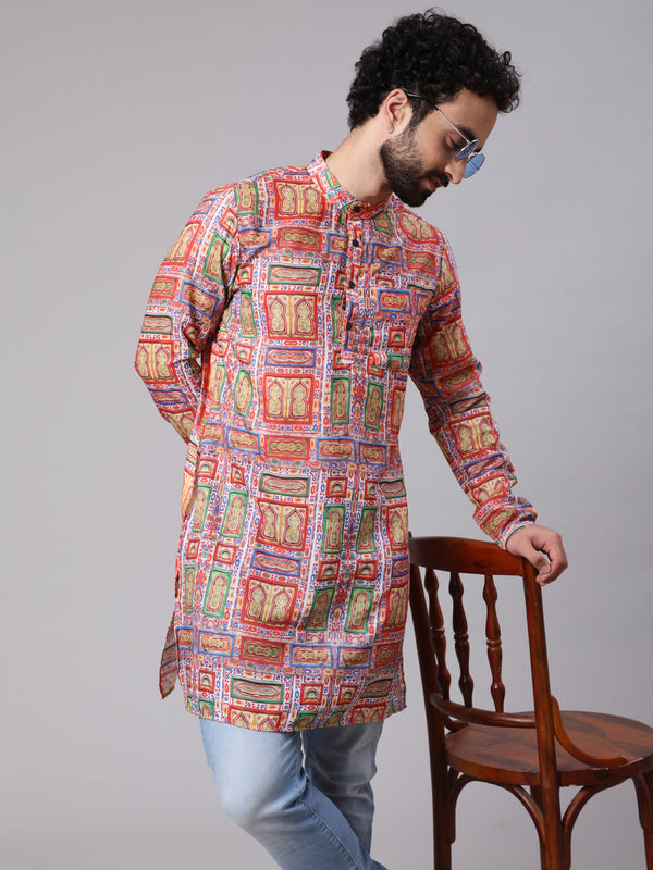 Men's Red Green Geometric Print Kurta - Aks Men